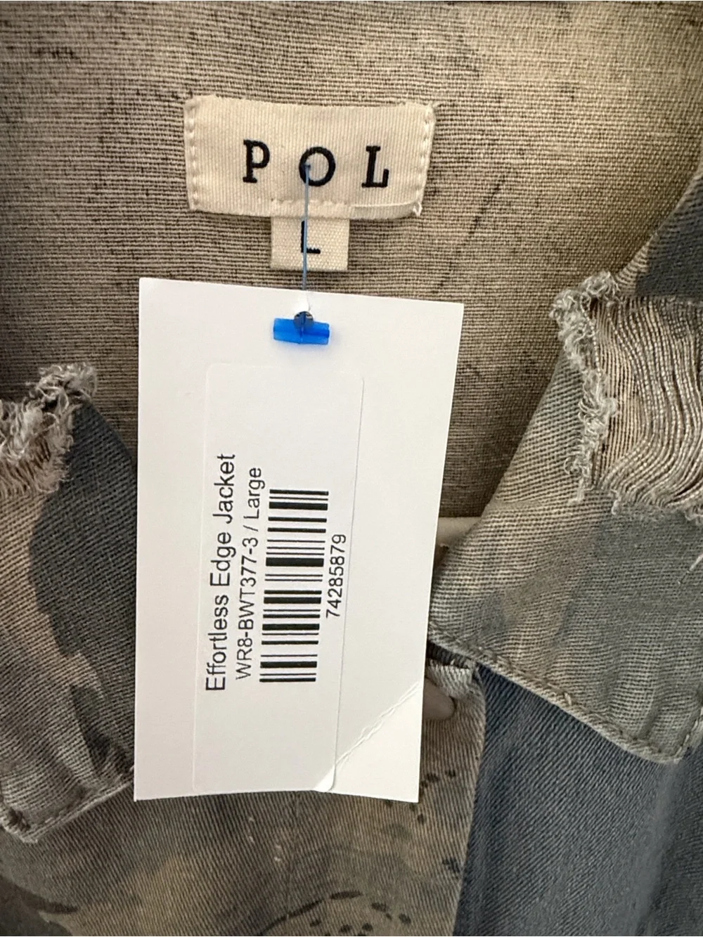 POL Distressed Denim & Camouflage Utility Jacket in Blue and Grey - Picture 3 of 3